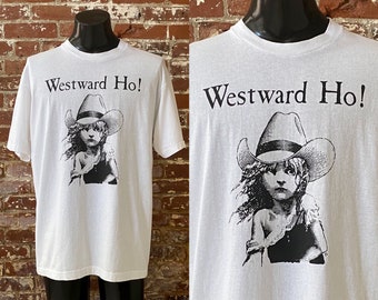 80s Les Misérables Westward Ho! T-Shirt. Vintage 1980s Les Mis Western Graphic Tee Single Stitch Made in Canada - XL 23" x 30.75"