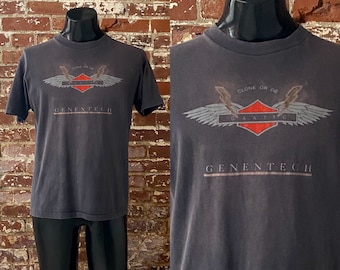 80s Clone Or Die Genentech Biotech T-Shirt. Vintage 1980s Genentech Clone or Die Promo Tee Single Stitch Made in USA - Medium 20.5" x 27.5"