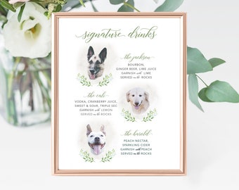 Dog Signature Cocktail Sign with Greenery - Submit Your Own Photo!, Wedding Signature Drink Sign (Three Pets)