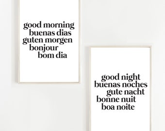 Good Morning Good Night Languages Print, International, Set of 2, Bedroom Art Set, Printable Art, Above Bed Decor