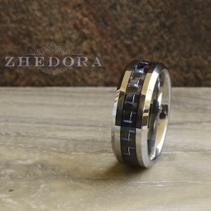 Mens Ring Tungsten Ring Blue And Black Carbon Fiber Inlay Tungsten Mens Band Polished Edges Mens Wedding Band Anniversary Ring