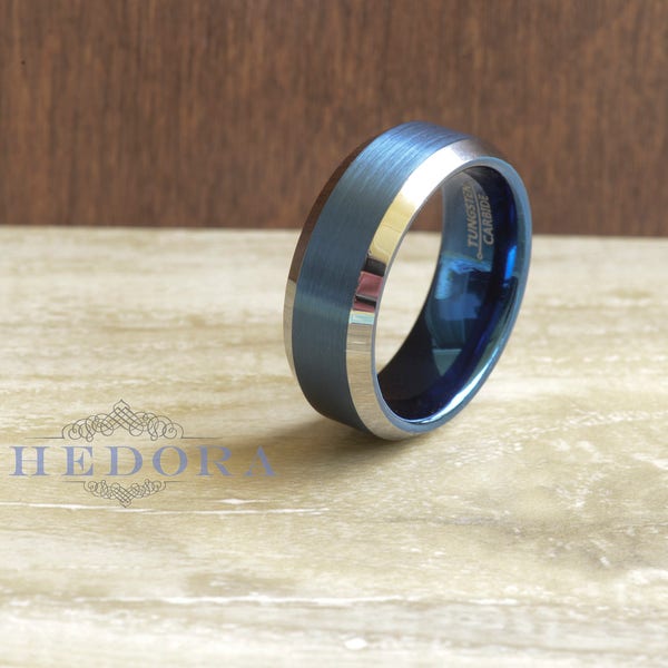 Tungsten Mens Ring Mens Flat Brushed Blue Center Wedding Band Tungsten Mens Band High Polish Beveled Edge 8mm Mens Ring Anniversary Ring