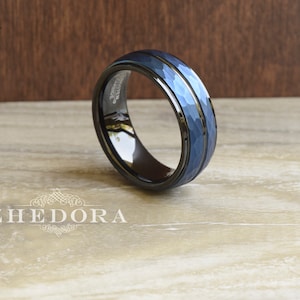 Two Toned Blue Brushed Tungsten Mens Wedding Band Hammered Finish Tungsten Mens Band High Polish Stepped Edge Mens Wedding Ring