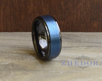 Blue Wire Brushed Tungsten Mens Wedding Band Flat Brushed Center Tungsten Mens Band High Polish Black Stepped Edge Mens Wedding Ring