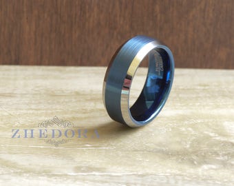 Tungsten Mens Ring Mens Flat Brushed Blue Center Wedding Band Tungsten Mens Band High Polish Beveled Edge 8mm Mens Ring Anniversary Ring