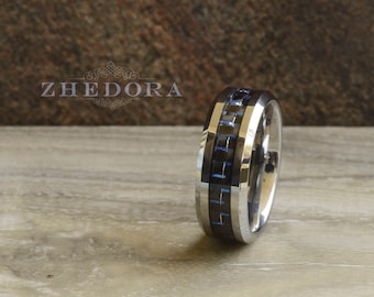 Mens Ring Tungsten Ring Blue And Black Carbon Fiber Inlay Tungsten Mens Band Polished Edges Mens Wedding Band Anniversary Ring