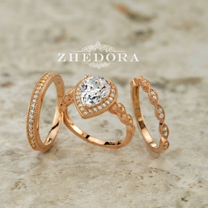 Pear Shape Engagement Ring Set Art Deco & Channel Set Bands Rose Gold ...