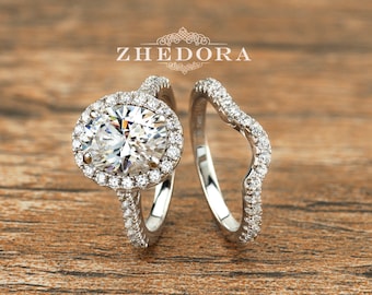 Oval Cut Bridal Set Halo Engagement Ring Set With Contoured Band In Sterling Silver Rhodium Plated Wedding Set By Zhedora