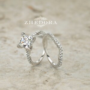 Princess Cut Engagement Ring With Accent And Matching Band Sterling Silver Bridal Ring Princess Cut Wedding Set Princess Wedding Band