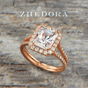 Sterling Silver Radiant Cut Engagement Ring, Rose Gold Plated  Ring, Radiant Cut Ring, Halo Radiant Cut Ring, Split Shank Radiant Cut Ring