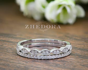 Half Eternity Band And Art Deco Band 0.25 CT Round Cut Simulated Diamonds Sterling Silver Bridal Band Rhodium Plated Wedding Bands