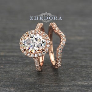 Oval Cut Bridal Set Halo Engagement Ring Set Rose Gold Plated With Contoured Band Wedding Set By Zhedora