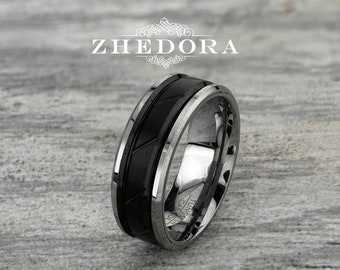 Mens Ring Tungsten Ring Two Toned Tungsten Mens Band Black Diagonal Grooved Center Mens Wedding Band Anniversary Ring