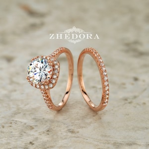 Square Halo Engagement Ring Round Cut Wedding Ring Rose Gold Plated Silver Bridal Set Round Cut Ring Matching Band Square halo Wedding Set