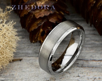 Tungsten Mens Ring Brushed Flat Ring Stepped Edge Mens Wedding Band Brushed Center Tungsten Mens Band Mens Wedding Ring Anniversary