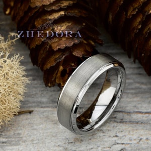 Tungsten Mens Ring Brushed Flat Ring Stepped Edge Mens Wedding Band Brushed Center Tungsten Mens Band Mens Wedding Ring Anniversary