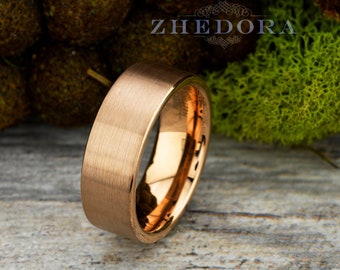 Mens Ring Tungsten Ring Rose Gold Plated Mens band Brushed Flat Pipe Ring Wedding Ring Anniversary Ring