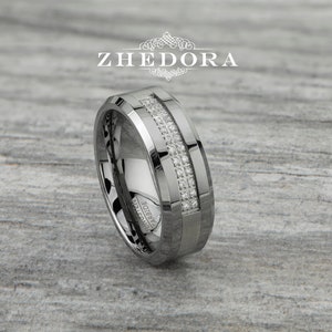 Mens Ring Tungsten Ring Brushed Center Double Row Stones Shiny Low Beveled Edge Tungsten Mens Band Mens Wedding Band Anniversary Ring