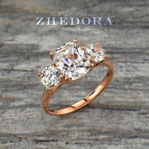 Sterling Silver Elongated Cushion Cut Ring, Rose Gold Plated, Cushion Cut Ring, Meghan&#39;s Ring, Past Present Future Ring, Tri-Stone Ring