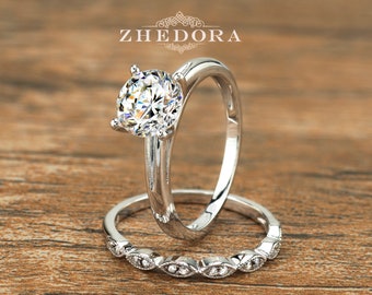 Solitaire Art Deco Bridal Set 2.1 CT Brilliant Round Cut .925 Sterling Silver Rhodium Plated Simulated Diamonds Engagement Ring Wedding Set