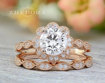 Flower Engagement Ring Set Rose Gold Plated Halo Wedding Set Art Deco Band Flower Bridal Set Floral Wedding Set Round Cut Ring By Zhedora