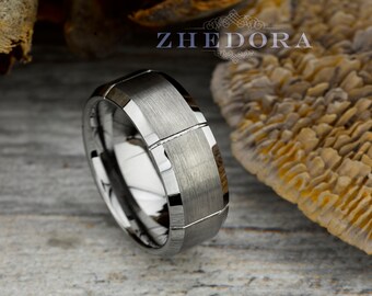 Mens Ring Tungsten Ring Brushed Center Vertical Grooved Tungsten Mens Band Beveled Edge Mens Wedding Band Anniversary Ring