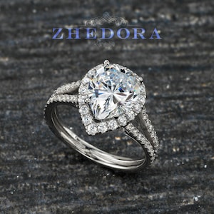 Sterling Silver Pear Engagement Ring, Split Shank Pear Engagement Ring, Pear Engagement Ring, Pear Cut Ring, Pear Engagement Ring By Zhedora
