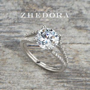 Sterling Silver Round Cut Engagement Ring, Split Shank Engagement Ring, 2 CT Engagement Ring, Split Shank Round Cut Ring By Zhedora