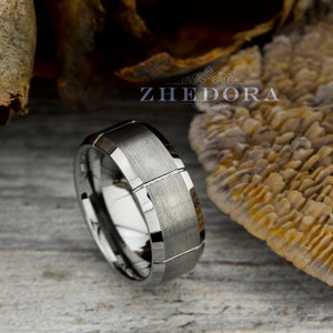 Mens Ring Tungsten Ring Brushed Center Vertical Grooved Tungsten Mens Band Beveled Edge Mens Wedding Band Anniversary Ring