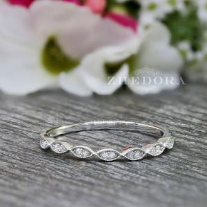 Art Deco Band Wedding Band 0.10 CT Round Cut Simulated Diamonds .925 Sterling Silver Bridal Band Rhodium Plated Engagement Ring image 2