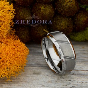 Mens Ring Tungsten Ring Brushed Center Diagonal Grooved Center Tungsten Mens Band Stepped Edge Mens Wedding Band Anniversary Ring