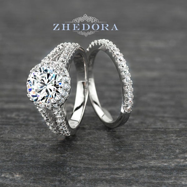 Split Shank Engagement Ring Set Halo Wedding Set Round Cut Bridal Set With Half Eternity Band Rhodium Plated By Zhedora