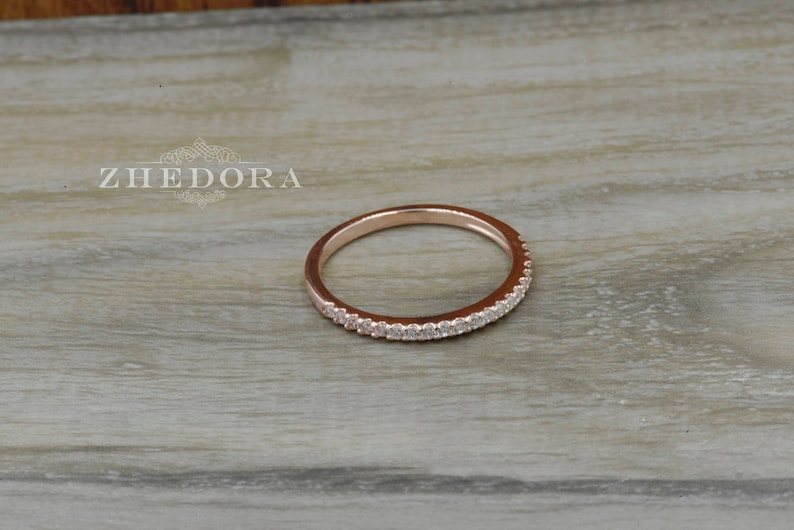 Half Eternity Wedding Band Rose Gold Plated 0.15 CT Round Cut Simulated Diamonds .925 Sterling Silver Rhodium Plated Bridal Band image 5