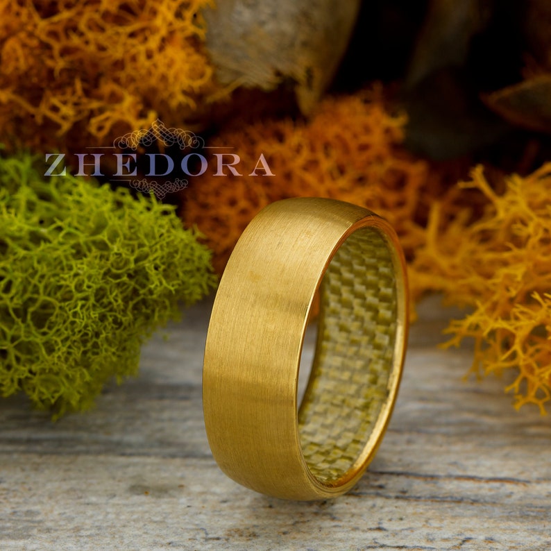 Mens Ring Gold Plated Tungsten Domed Ring Brushed Domed Ring Tungsten Mens Band Mens Gold Carbon Fiber Interior Mens Wedding Ring