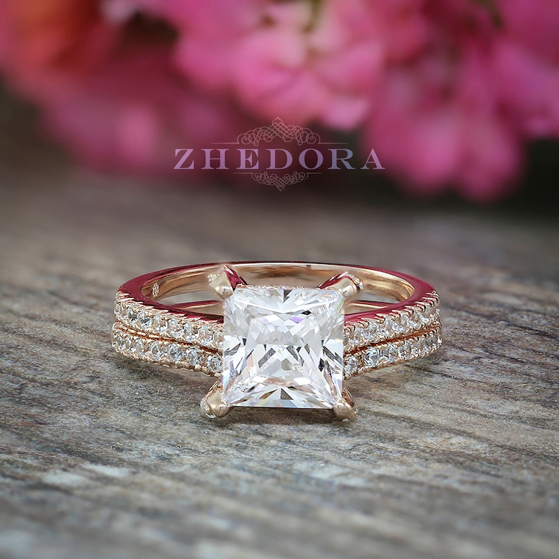 Princess Cut Engagement Ring With Accent And Matching Band Sterling Silver Bridal Ring Princess Cut Wedding Set Princess Wedding Band