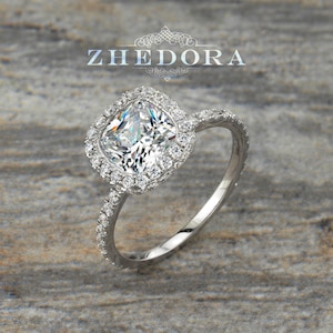 Sterling Silver Halo Cushion Cut Engagement Ring, Cushion Ring, Cushion Cut Engagement Ring, Square Halo Ring, Engagement Ring by Zhedora