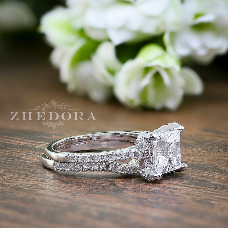 Princess Cut Engagement Ring With Accent And Matching Band Sterling Silver Bridal Ring Princess Cut Wedding Set Princess Wedding Band