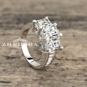 Emerald Cut Three Stone Engagement Ring Emerald Cut Ring Channel Set Side Stones Tri-Stone Bridal Ring Emerald Cut Wedding Ring