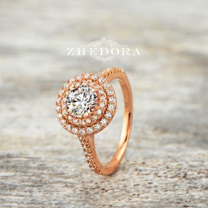 Double Halo Engagement Ring Rose Gold Halo Ring Sterling Silver Halo Wedding Ring Rose Gold Plated Halo Bridal Ring Silver Engagement Rings