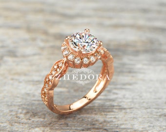 Halo Engagement Ring Art Deco Rose Gold Plated Simulated Diamonds 1.50 CT Brilliant Round Cut .925 Sterling Silver Wedding Ring Bridal Ring
