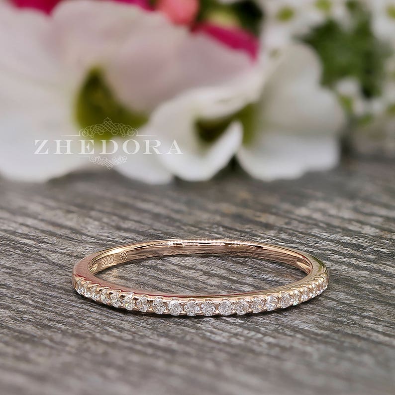 Half Eternity Wedding Band Rose Gold Plated 0.15 CT Round Cut Simulated Diamonds .925 Sterling Silver Rhodium Plated Bridal Band image 2