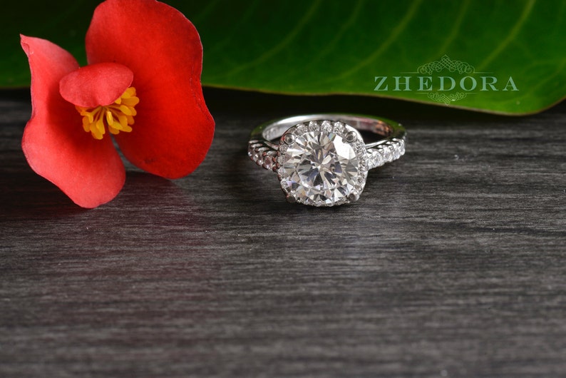 Sterling Silver Solitaire Bridal Ring 2.4 CT Square Halo Engagement Ring Brilliant Round Cut Simulated Stone With Accents