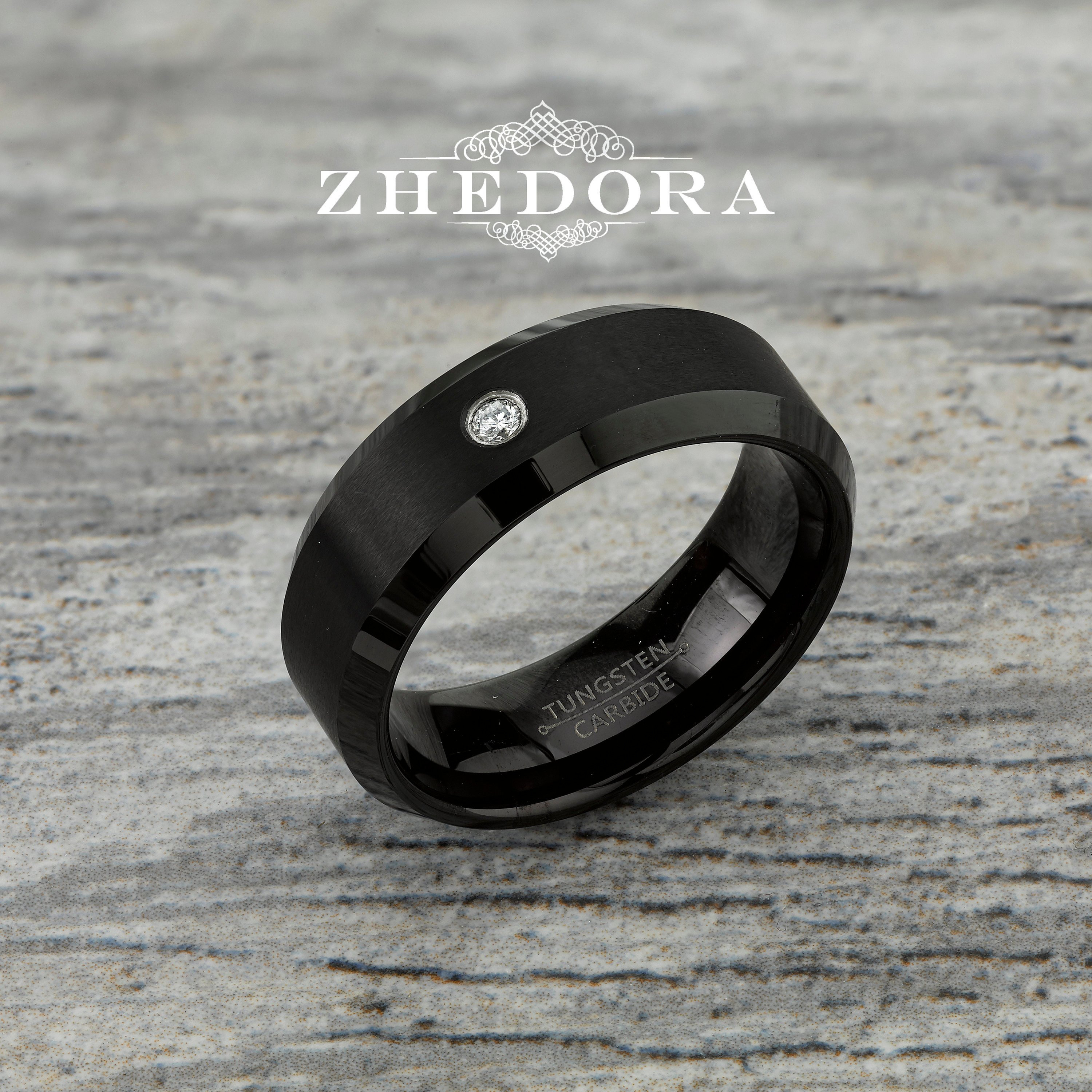 Mens Natural Diamond Ring Tungsten Ring In A Brushed Finish With Shiny Beveled Edges Mens Wedding Band In Black IP Plated Anniversary Ring