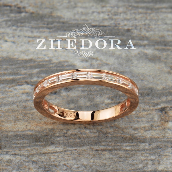 Sterling Silver Baguette Wedding Band, Rose Gold Plated Baguette Band, Stackable Band, Simulated Baguette Band, 3/4 Eternity Bands