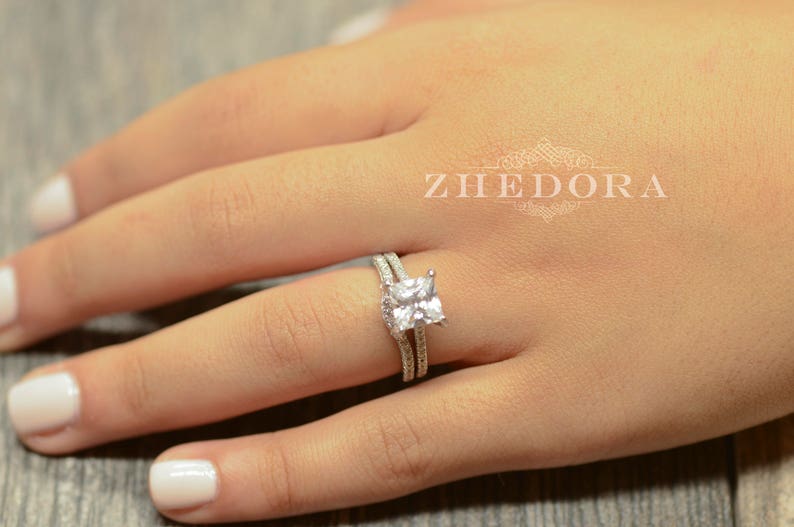 Princess Cut Engagement Ring With Accent And Matching Band Sterling Silver Bridal Ring Princess Cut Wedding Set Princess Wedding Band