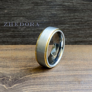 Tungsten Mens Ring Yellow Gold Plated Beveled Edge Mens Wedding Band Brushed Center Tungsten Mens Band Mens Wedding Ring Anniversary