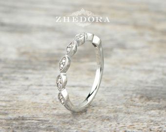 Art Deco Band Wedding Band 0.10 CT Round Cut Simulated Diamonds .925 Sterling Silver Bridal Band Rhodium Plated Engagement Ring
