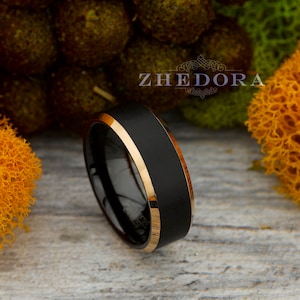 Mens Ring Tungsten Ring Black Brushed Center, Black Polished Interior, Rose Gold Beveled edges Mens Band Mens Wedding Band