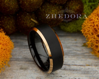 Mens Ring Tungsten Ring Black Brushed Center, Black Polished Interior, Rose Gold Beveled edges Mens Band Mens Wedding Band