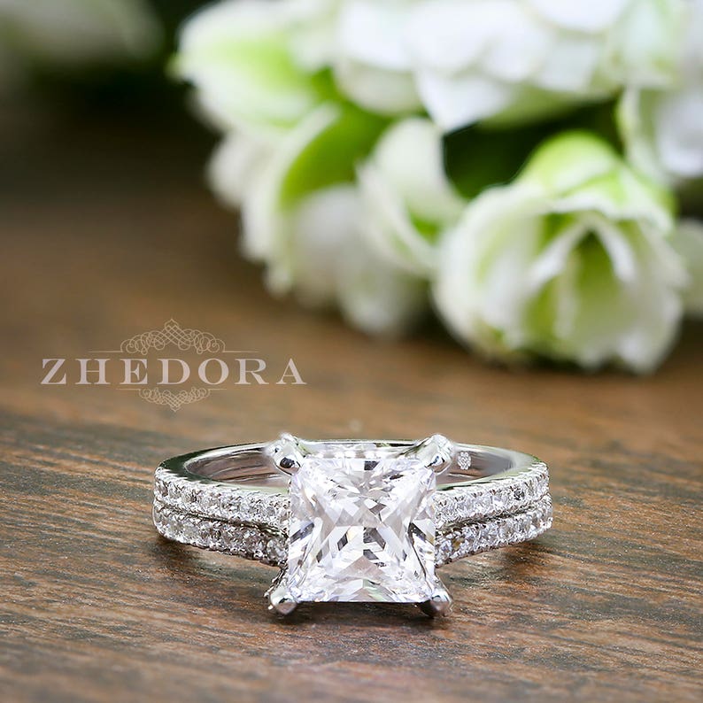 Princess Cut Engagement Ring With Accent And Matching Band Sterling Silver Bridal Ring Princess Cut Wedding Set Princess Wedding Band